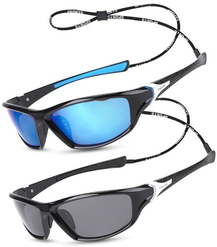 Utensilsto 2 Paar Sonnenbrille Herren Polarisiert Sport Sonnenbrille Fahrrad Sportbrille mit Riemen UV 400 Sunglasses für Herren Damen zum Radfahren Fahren Ski Golfen Angeln Fahren Wandern