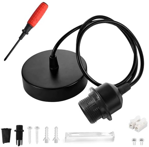 E27 Metal Pendant Light Fitting Ceiling Rose E27 Screw Lamp Holder with Lock Ring for Shade 150cm Braided Flexible Cable Modern Industrial Ceiling Pendant Fitting for Kitchen,Restaurant(Black)