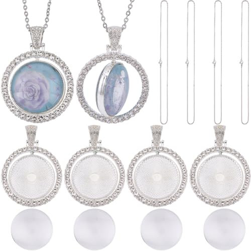 SOFPLATE 1 Box 24Pcs 25mm Round Bezel Pendant Trays Rhinestone Bezel Pendant Trays Set Glass Cabochon Bezel Blank Double Sided Rotatable Tray with Chains for Jewellery Making Supplies DIY Necklace