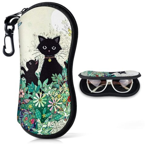 Custodia Occhiali Morbida con Cerniera per Uomo & Donna Custodia per Occhiali da Sole in Neoprene Morbida & Ultraleggero Porta Occhiali da Borsa Portatile con Moschettone(Gatto con Fiore-Beige)