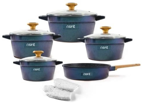Cookware Set, 11-Piece Ceramic Non-Stick Pots and Pans with Glass Lids (Blue)