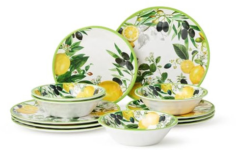 Limone 12-teiliges Melamin-Geschirr-Set – Zitrus-inspiriert, Service für 4 Personen, langlebig, bruchsicher, spülmaschinenfeste Teller und Schüsseln für den täglichen Gebrauch, den Außenbereich und