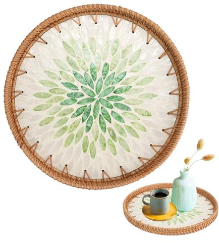 CRITIVE-S Round Rattan Coffee Table Tray with Mother of Pearl, Decorative Wicker Baskets for Home Decor Storage and Display, Woven Serving Tray for Breakfast Fruit Food (Emerald)