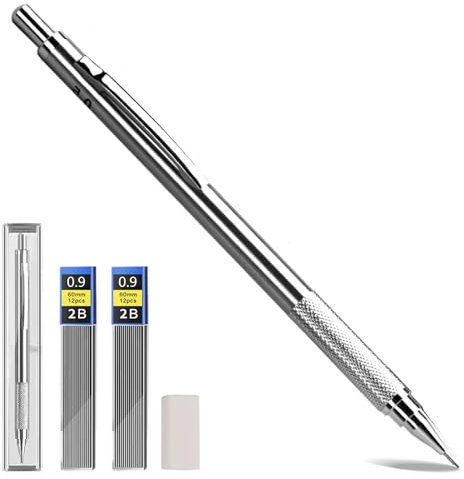 Porte-mines en métal de 0,9 mm avec 8 recharges 2B et 4 gommes, parfaits pour écrire, dessiner et esquisser