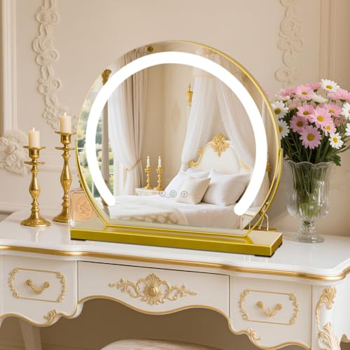 TYhogar Gold Round Makeup Mirror with Light 3 Colors Adjustable Temperature 360° Rotation 40cm 9W Touch Control Plug-In Mirror for Bedroom Bathroom
