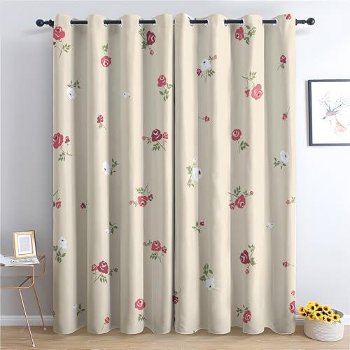 Venivici Floral Blackout Curtains for Bedroom Living Room - 54 Inch Drop Curtains Eyelet, Girls Rose Flower Window Treatments, Thermal Insulated Drapes for Windows B&-101