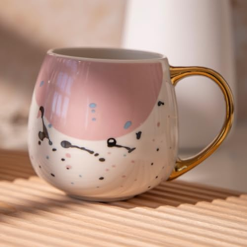 FABFINDS Elegant Polka Dot Coffee Mug 400ml New Bone China Cup with Gold Handle, Multicolour Dots, Stylish & Durable for Tea or Coffee, Home or Office Use (Pink)