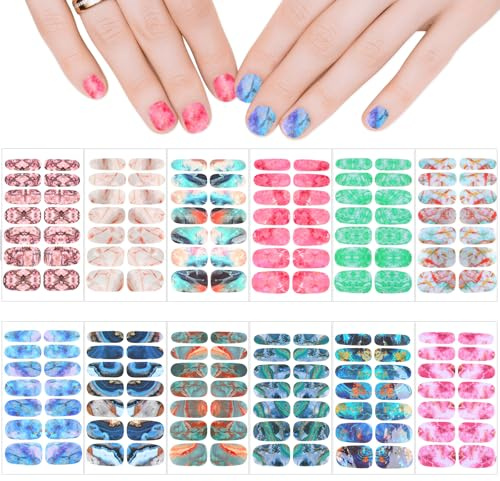 YUXIANLB 12 Sheets Nail Wraps for Women, Marble Nail Polish Strips, Solid Self Adhesive Nails Stickers for Nailart Strips, Shine Full Wrap Nails Polish Decals