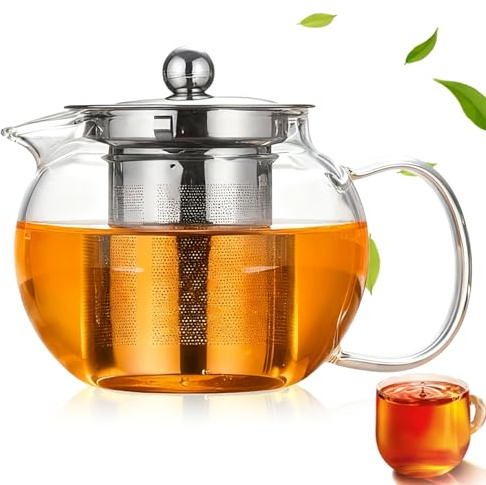 Teiera in vetro borosilicato resistente al calore, 1300 ml, con filtro rimovibile e coperchio, bollitore per tè, teiera in vetro per tè, tè alle erbe e bustine di tè