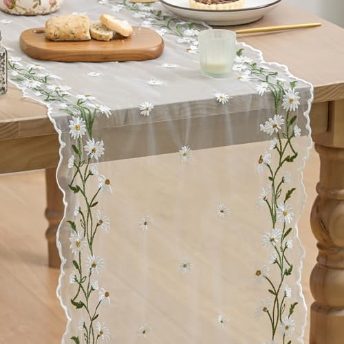 Artoid Mode Gänseblümchen Weiß Tüll mit Stickerei Frühling Tischläufer 40x300 cm, Küche Tisch Dekoration Drinnen Urlaub Party Dekor