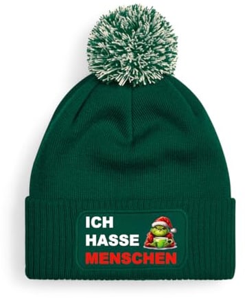 Print Deluxe Ich Hasse Menschen Bommel Mütze, Muffel Strickmütze, Wintermütze, Beanie, Wollmütze,| Soft Touch warm, Einheitsgröße, Dehnbar Geschenk Idee Weihnachten