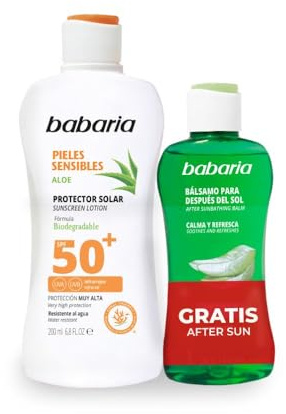 Babaria - Crema Solar 50 para Pieles Sensibles + After Sun Aloe Vera | Pack de 2 Productos | Sunscreen SPF 50 | Crema Solar Corporal 50 | Bloqueador Solar