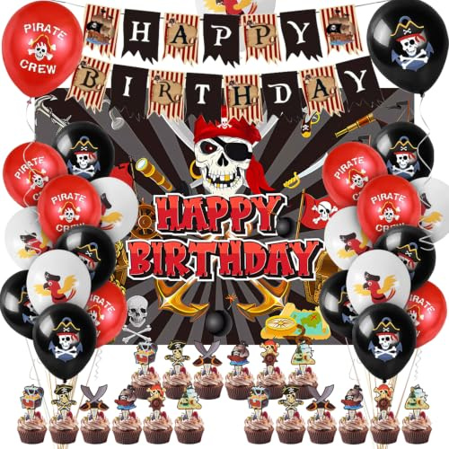 Dncvb Geburtstagsdeko Piraten Luftballons Geburtstag Piraten Deko | Piratenschiff Birthday Decorations mit Banner, Happy Birthday Girlande, Luftballons, Tortendeko
