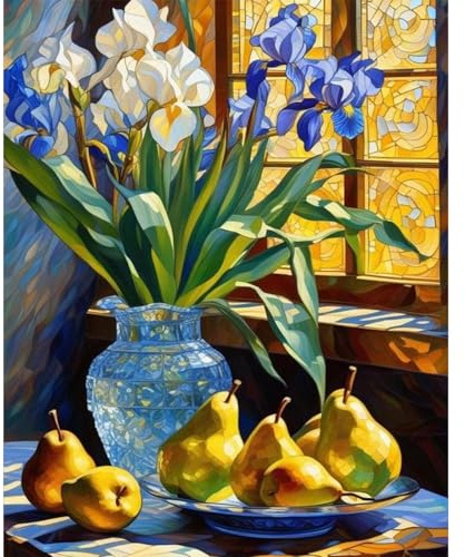 Fountor Flowers Paint by Numbers for Adults Without Frame 40x50 CM | Stained Glass DIY Acrylic Painting by Numbers for Adults, Stress Relief Craft Kits, Home Wall Decor Gift, Flower