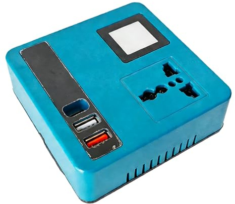 Convertisseur compact de courant continu vers courant alternatif avec lumière LED intégrée qui transforme 18 V à 220 V avec plusieurs prises de courant onduleur