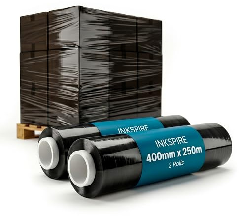 Inkspire 2 Pack Stretch Shrink Wrap Roll 400mm x 250m – Black Pallet Wrap, Tear-Resistant, Waterproof Protective Plastic Cling Film Packaging Roll for Storage Boxes, Shipping & Moving House Essentials