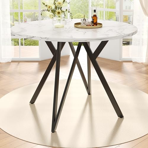 Merax Esstisch Rund 100×100×76cm, für 4 Personen, Metallrahmen, verstellbareTischbeine, Tischplatte aus MDF-Marmor geeignet für Restaurant,Wohnzimmer,Küche,Esszimmer, Weiß/Schwarz