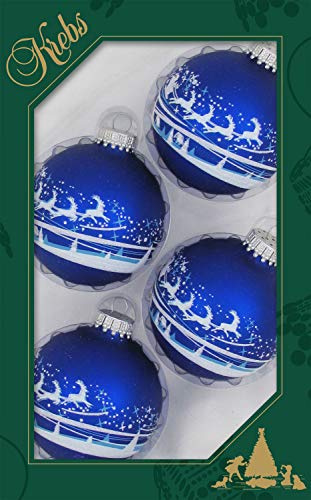 ***Dekohelden24 Lauschaer Christbaumschmuck - 4er Set Kugeln in Königsblau mit Winterdorf und Santa, 7 cm, mit silbernem Krönchen