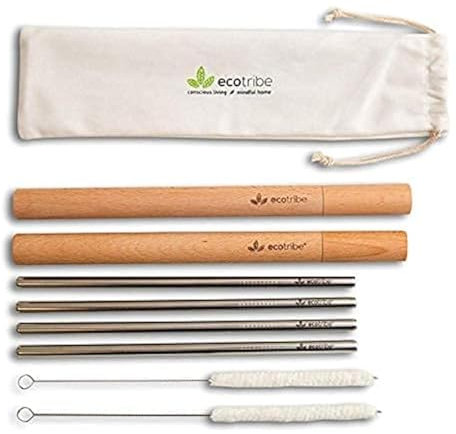 Reusable Metal Stainless Steel Straws: 4 Travel Portable Personal Reusable Straws + 2 Wooden Cases + 2 Cleaning Brushes + 1 Pouch, for Hot and Cold Drinks