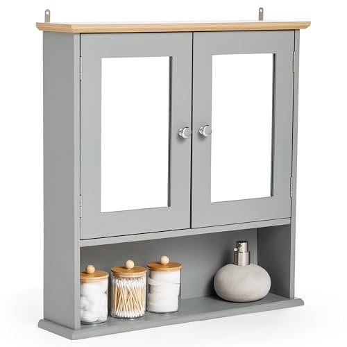 VonHaus Bathroom Mirror Cabinet – Grey Bathroom Wall Cabinet with Wood Effect Top - 2 Door with Mirror, 3 Internal Shelves & 1 Open Shelf - for Toiletries & Medicine - Shrewsbury