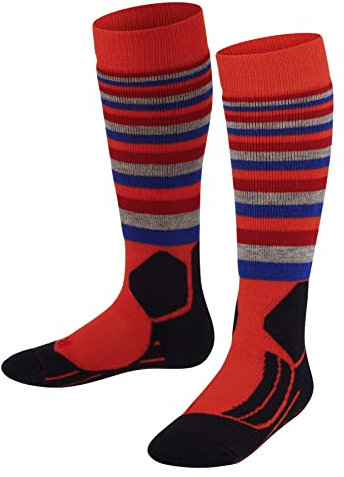 FALKE Unisex Kinder Skisocken SK2 Intermediate Stripes K Kh Wolle Funktionsmaterial warm dick 1 Paar, Orange Samba 8182, 23-26