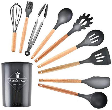 GEEKCOOK Küchenutensilien Set,9 Stück / 11 Stück Kochutensilien Set Silikon Küchenkochutensilien Set mit Aufbewahrungsbox Küchengeschirr Antihaft-Kochgeschirr Kochwerkzeug-schwarz-9pcs-B