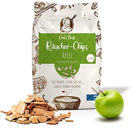 Omi's BESTE© Räucherchips Apfel - ca. 0,8kg bis 0,85kg - BBQ Räucherholz für kräftiges Raucharoma | 100% natürliches & traditionelles Smoker-Holz für Grillen, Räuchern und Barbecue - Wood Chips