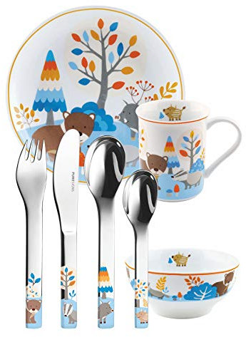 PURESIGNS ONE Friends Geschirrset, Besteck personalisiert, Waldtiere, Tiere, Kinderbesteck SET mit Gravur 7-tlg, mit Name graviert, Geschenk zur Geburt, Taufe, Geburtstag