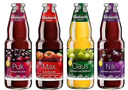 Klindworth 4er Probier Set - Glühwein/Punsch - Puk (9,3% Vol), Claus (9,8% Vol), Nik (9,8% Vol) + Max Punsch - je 1L inkl. Pfand MEHRWEG- [Enthält Sulfite]