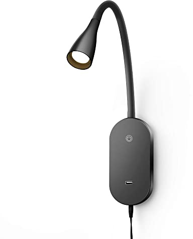 Wall Reading Light, Book Light for Reading in Bed, Touch Control USB Output Modern Reading Lamp,5 Dimmable LED Flexible Gooseneck 4000k Bed Lights, Easy to Install Black