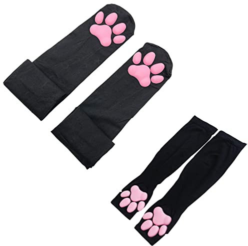 ZTVOWTO Süße Katze Paw Pad Oberschenkel Hohe Cosplay Socken mit Pink 3D Kitten Claw Fäustlinge Lange fingerlose Handschuhe für Mädchen Frauen (Schwarz-1)