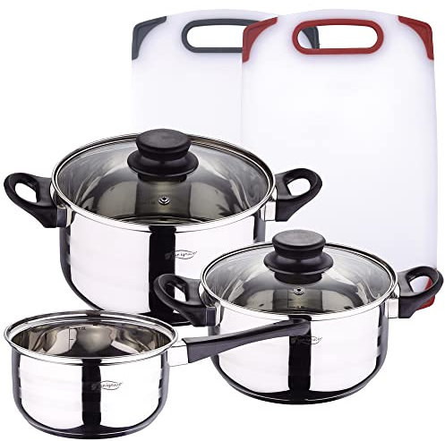 San Ignacio Pack Batería de Cocina 5 Piezas + Set de 2 Tablas de Corte Acero Inoxidable Blanco
