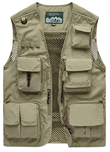 Sukany Men's Leisure Outdoor Work Safari Fishing Travel Cargo Vest Jacket Photo Mesh Waistcoat Multi Pockets Khaki L