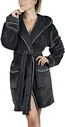 Gräfenstayn Bademantel Damen flauschig mit Kapuze - Kuschelfleece - Öko-Tex Standard 100 - Morgenmantel leicht & kurz - Größe (M, Anthrazit)