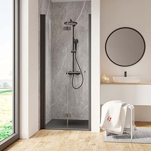 Schulte porte de douche pivotante-pliante 90 x 200 cm en niche, mécanisme autolevant, profilé noir, ouverture vers la gauche, verre de sécurité 6 mm, réglage 87-90 cm, largeur d'accès 77 cm