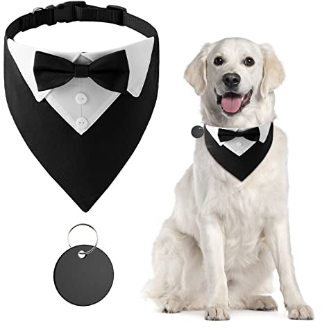 URROMA 1 Piece Formal Dog Tuxedo Bandana, Dog Wedding Collar with Bow Tie and Neck Tie Adjustable Black Pet Costume Bowtie Neckerchief for Small Dogs and Cats, L