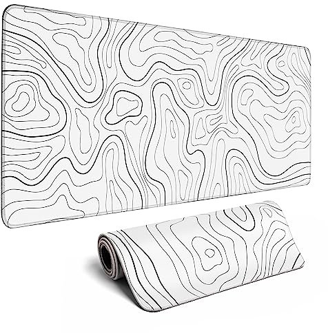 Topographic Map Large Gaming Mouse Pad with Stitched Edges, Extended Minimalist Contour Mouse Mat Desk Pad,3mm Thick Long Non-Slip Rubber Base Mice Pad, 31.5 x 11.8 in, White