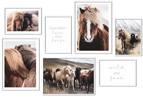 Hyggelig Home Premium Poster Set - 7 passende Bilder im stilvollen Set - Collage Deko - Set Horses - mit Rahmen weiss