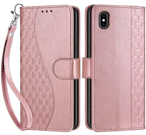 Handyhülle für iPhone X / iPhone XS Klapphülle Wallet Würfel - Roségold | 3 Kartenfächer & 1 Geldfach, Magnetverschluss, Ständerfunktion, robuste premium PU leder klapphülle für iPhone X / XS
