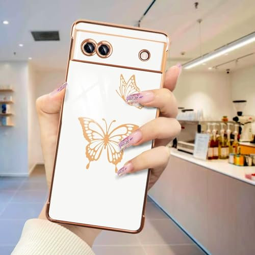 LENGRACE für Google Pixel 6A Schmetterlingsmuster Handyhülle,Butterfly Stoßfest TPU Silikon Slim für Mädchen Frauen Hülle-Weiß