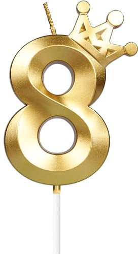Yiran Gold 8th Birthday Candles with Crown, 3inch Giant Number 8 Candle, 8th Birthday Candle for Cake,Happy Birthday Candle, Cake Candles Cake Topper Decorations for Girls Boys Birthday Party Supplies