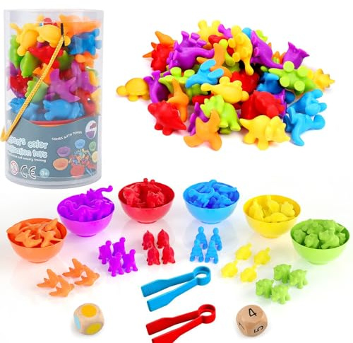 Dinosaurs Sorting Toys - Colour Sorting Toys for Toddlers 58-Piece Montessori Counting Dinosaur Toys with Matching Sorting Cups Dices and Tweezers, Educational Learning Toys for 3 4 5 Years Old