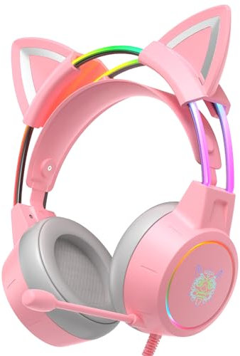 PHNIXGAM Katzenohren Gaming Headset mit Mikrofon, 3,5mm Leichte Kopfhörer mit RGB Aluminium Rahmen, Surround Sound, Kompatibel mit PS4 PS5 Xbox One (Adapter Nicht enthalten) PC Handy, Rosa