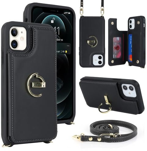 Zouzt for iPhone 12/12 Pro 6.1 Inch Wallet Case with Card Holder and Strap for Women, PU Leather Ring Kickstand Card Slots Case, Crossbody Lanyard Protective Phone Cover (Black)