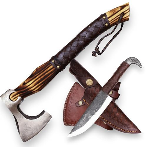 CraftTal Wikinger-Axt-handgefertigtes 2 in 1 Axt und Rabenkopf (Braun leder)