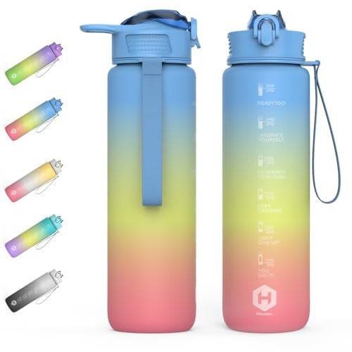 HOMEEX Motivational Fitness Sport Water Bottles with Straw & Time Maker, BPA-free Plastic Drink Bottle 1l Design for Girls, Boy Running,cycling (Grey Yellow & Black (Blue Yellow and Pink-3N, 1000ML)