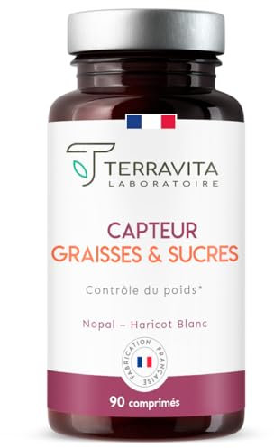 CAPTEUR GRAISSES ET SUCRES | 2 Actifs Naturels Brevetés pour la Minceur et la Perte de Poids | +27% d’élimination des Graisses | Idéal Avant un Repas Lourd | 90 comprimés | Made in France | Terravita