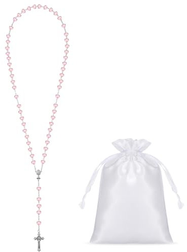 Sinmoe Set di 3 Rosario a Forma di Cuore della Prima Comunione con Biglietti della Prima Comunione e Custodia con Coulisse Collana Rosario in Metallo Collana con Croce di Perle Cattoliche (Rosa)