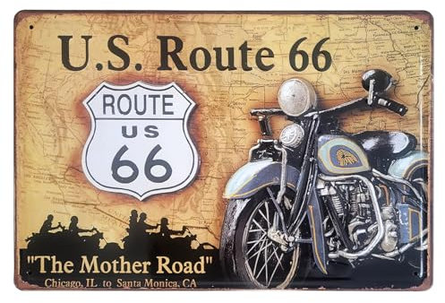 Vintage-Abzeichen der Route 66: Retro-Dekoration 30 x 20 cm mit Motorrad | Motorrad-Dekoschild mit Motiv Route 66 The Mother Road von Chicago bis Santa Monica