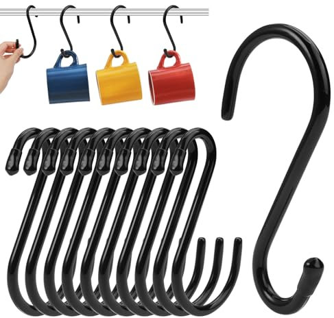 Ganci a S 6in/15cm, 10 Pezzi Gancio a Forma di S, Ganci a S Grandi, Ganci Neri a S da Appendere, Ganci in Metallo a Forma di S, Gancio a S, per Bagno, Camera da Letto, Ufficio, Giardino, Cucina